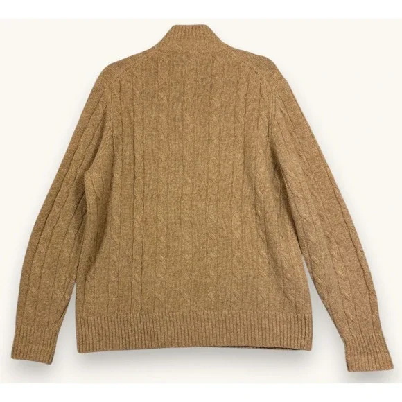 Brooks Brothers Sweater Mens L Tan Cable Knit 1/4 Zip Wool Mock Neck Pullover - Picture 2 of 9